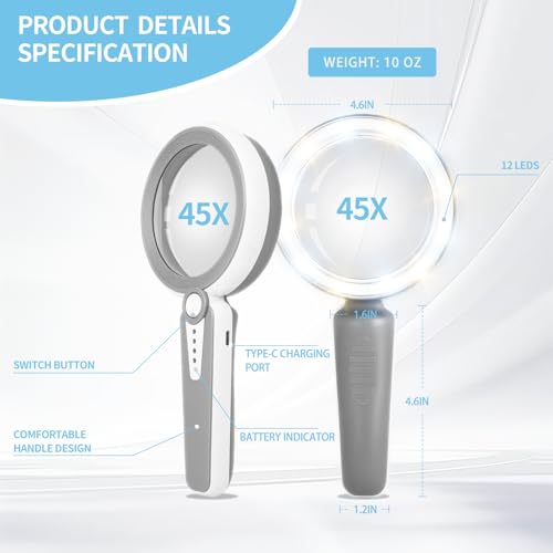 45X Magnifying Glass with Light, 4.6" Large Handheld Magnifier, 6 Color Modes, 1200mAh USB Rechargeable for Low Vision Seniors with Macular Degeneration, Reading, Jewelry, Coins - Grey