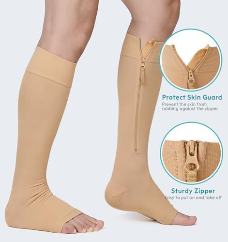 NURCOM Copper Compression Socks for Varicose Veins & Lymphedema, Zipper Compression Socks 20-30 mmHg Knee-High Open Toe Beige M, Relieve Swelling & Discomfort, Improve Circulation, DVT Prevention