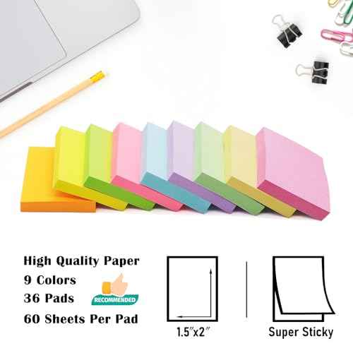 36 Pack Sticky Notes 1.5x2 in Post, 2160 Sheets Post Small Self Sticky Notes Pad Its, 9 Pastel Color Mini Sticky Notes for Office, Home, School, Meeting