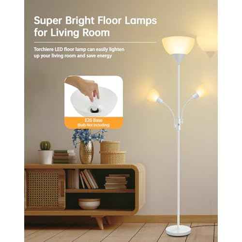 Floor Lamp White, Standing Lamp, 71" Tall Lamps for Living Room, 3 Way Switch, Plastic Lampshade, Torchiere Floor Lamp with Reading Lamps, Modern Pole Lamps for Bedroom Kids Room E26 Base(No Bulb)