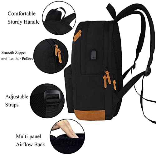 SUPACOOL Casual Laptop Backpack, Lunch bag, Pencil bag, School backpack with USB Port for Men and Women, Bookbag for Boys and Girls, Backpack Set(3PCS Black)