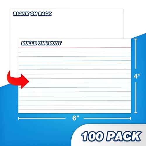 Chell Ruled Index Cards 4x6 Inch Heavyweight, 100 Count, Ruled Front and Blank Back, 65 lb. Cover Weight, White