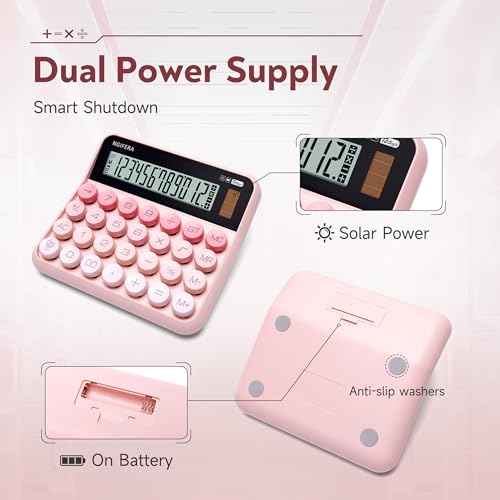 Mechanical Calculator,12 Digits, Large LCD Display,Big Buttons,Solar and Battery Dual Power Mechanical Keyboard Desktop Pink Calculators,Cute and Aesthetic (Pink, Large)