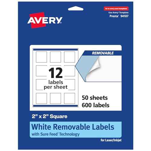 Avery Matte White Removable Square Labels, Sure Feed Technology, Print-to-The-Edge, 2" x 2", 600 Removable Labels, Laser/Inkjet Printable