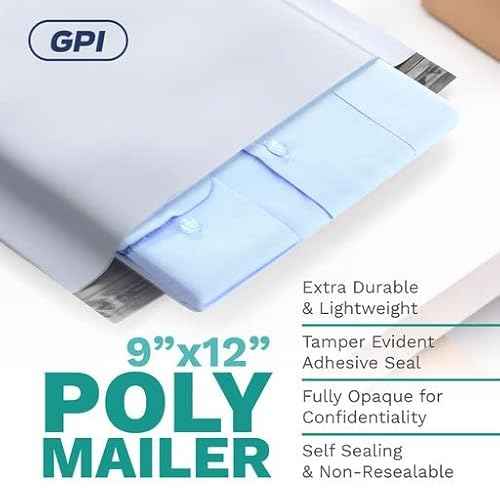 9" x 12" Poly Mailer Envelopes - 500 Count, Self Seal White Plastic Mailing Bags with Adhesive Strip, 2.5 Mil Thick, Waterprrof & Tear/Puncture Proof Unpadded Shipping Mailers - GPI