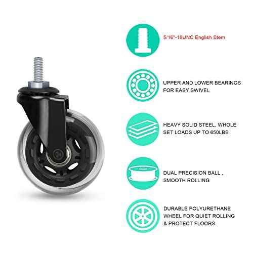 Hirate 3" Office Chair Casters Wheel with 5/16"-18UNC Threaded Stem Mute Gaming Chairs Casters Replacement Safe for Hardwood Tile Floors, Set of 5 with Screw Inserts