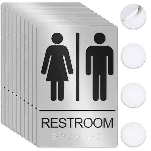 Unisex Bathroom Signs, Restroom Sign For Business - For Men and Women - 10 Pack - 9" by 6" - ADA Compliant with Braille - Strong Double-Sided Adhesives Included - Apply to Office, Home, Public Door/Wall