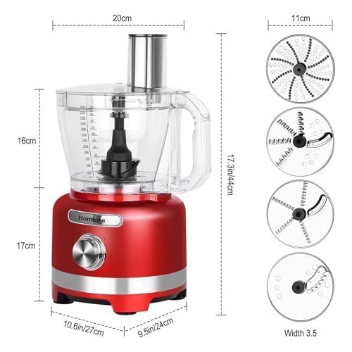 Homtone 16 Cup Food Processor Large, 9 Functions 7 Blades 3 Speeds for Shredding, Slicing, Making French Fries, Chopping Meat, Kneading Dough & Emulsifying, 600W, Red