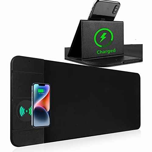 Wireless Charging Mouse Pad with Phone Holder Gaming Mousepad Desk Mat 15W Qi Fast Charging Pad Ultra-Smooth Surface Non-Slip Extended Premium Black Computer Keyboard Mat for MacBook PC Laptop