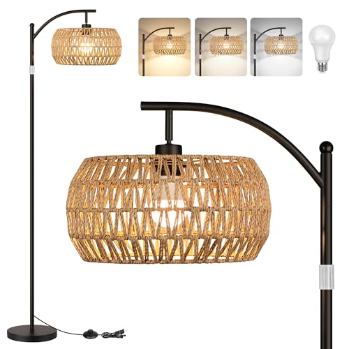 ROTTOGOON Rattan Floor Lamps for Living Room, Boho Standing Lamps with Rattan Shades, Arc Lamps Floor Standing with 9W Bulb, Foot Switch, Bohemian Floor Lamps for Bedroom, Office- Black