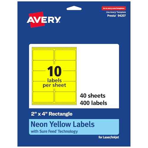 Avery Printable Rectangle Labels, Sure Feed Technology, 2" x 4", Neon Yellow Labels, Laser/Inkjet Printable, 400 Total, Great for Mailing and Candles