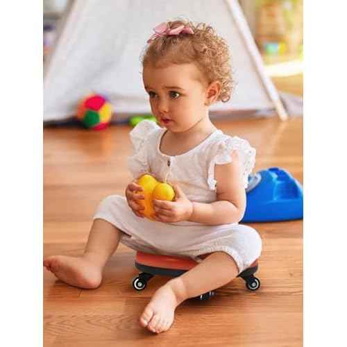Lanstics Leather Roller Seat Wheel Stool with Universal Wheels - Low Rolling Chair for Home Office & Fitness (Orange)