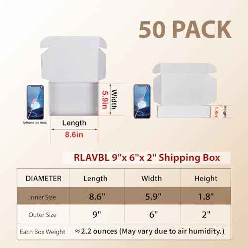 RLAVBL 9x6x2 Shipping Boxes Set of 50, White Corrugated Cardboard Box for Packing, Mailing, Business