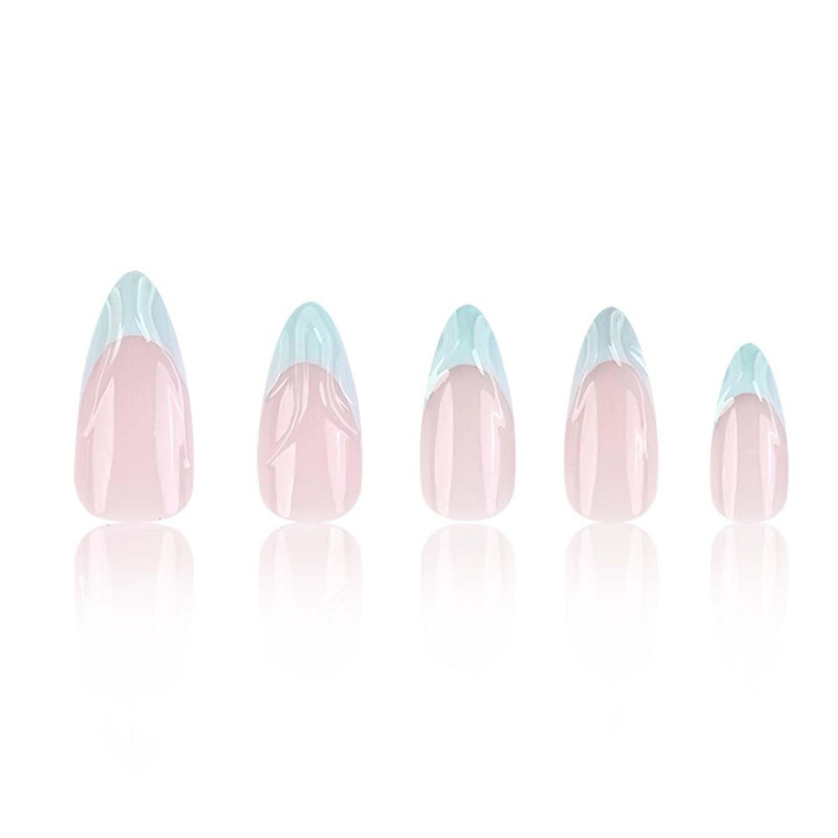 Almond Press On Nails Medium Fake Nails Blue French Tip False Nails With 3D Design Nude Acrylic False Nails Full Cover Artificial Glue On Nail Reusable Stick On Nail For Women Manicure 24pcs