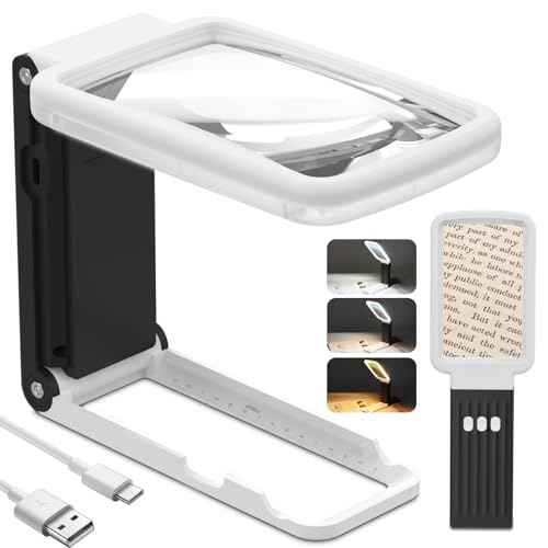 10X Magnifying Glass with Light and Stand, Real Glass Lens, Rechargeable Foldable Handheld Magnifier, 3 Color Modes Dimmable Lighted Page Magnifier for Reading Fine Prints, Low Vision Seniors