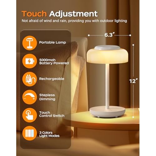 QiMH Battery Operated LED Table Lamp, 5000mAh Rechargeable Cordless Lamp Set of 2, Stepless Dimmable Touch Control, Small Waterproof Desk Night Light for Living Room, Bedroom, Outdoor Bar (White)