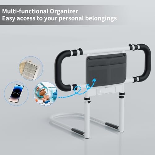 Bed Rails for Elderly Adults Safety: Elderly Assistance Products with Adjustable Double Grips, Storage Pocket, Motion Sensor Light, Items for Elderly Bed Rail, Can Withstand 300lb(White)