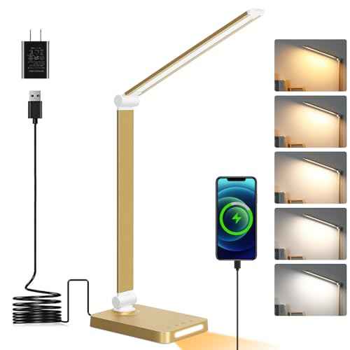 LED Desk Lamp with USB Ports,Touch Desk Lamps for Home Office with 5 Color Modes,3 Brightness Desk Light with Small Night Light,Reading Lamp Table Lamp for Bedroom Bedside Study Gold Â£Â¨with AdapterÂ£Â©