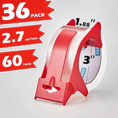 36 Rolls Clear Packing Tape with Dispenser, 1.88In x 60 Yards Heavy Duty Packaging Tape Refills for Shipping Packaging Mailing Moving, 2.7mil Thick, 2160 Total Yards