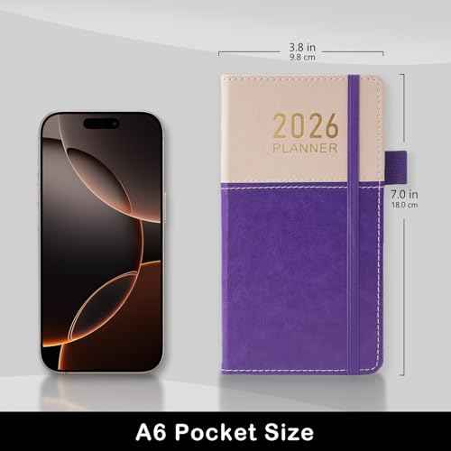 2026 Planner Pocket Size for Purse, Jan.2026 - Dec.2026 Small Daily Weekly Monthly Planner/Calendar with PU Leather, Elastic Band, A6 Mini Calendar Book for School/Office/Home, 3.8" x 7"