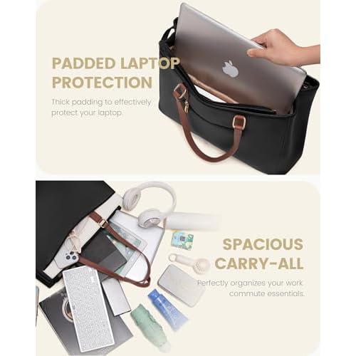 LOVEVOOK Laptop Tote Bag for Women, Work Bags Teacher Tote Bag, Waterproof Leather Computer Bag, Business Laptop Purse Office Handbag Professional Briefcase, Black-Beige-Brown, 15.6 Inch