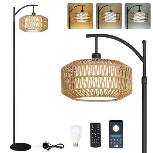 Arc Floor Lamps for Living Room, Dimmable Rattan Floor Lamp with Remote & LED Bulb, Mid Century Modern Standing Lamp with Double Shades, Boho Farmhouse Tall Pole Lamps for Bedroom Office