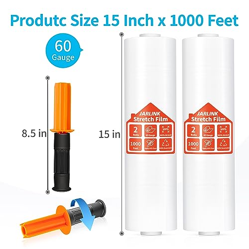 JARLINK Stretch Film, 15 Inch x 1000 Feet Shrink Wrap for Pallet Wrap, Industrial Strength Stretch Wrap with Handles, Moving Wrapping Plastic Roll, 60 Gauge, 1 Pack, Clear