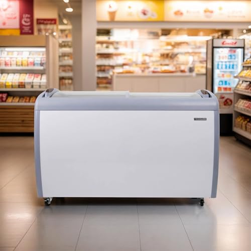 Frigidaire Commercial Chest Freezer for Ice Cream and Frozen Foods, Store Displayer, Glass Top Storage Case, 9 Cu. Ft. Bin, Rolling Caster Wheels, Adjustable Temperature, Energy Efficient Cooling