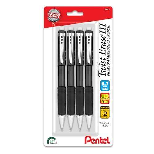 Pentel Twist-Erase III Mechanical Pencil, (0.7mm), Medium Line, Black Barrel, Pack of 4 (QE517BP4A)