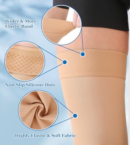 MGANG Medical 20-30 mmHg Compression Stockings for Women & Men, Pair, Thigh High Graduated Compression Socks, Closed Toe, Opaque, Support for Varicose Veins, Edema, DVT, Swelling, Flight, Beige M