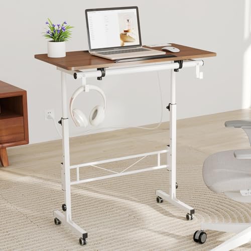 SIDUCAL Small Standing Desk with Charging Station, Portable Stand Up Desk for Walking Pad & Treadmill, Mobile Computer Workstation Adjustable Height, Tilted Desktop, 31.5¡± Vintage Oak
