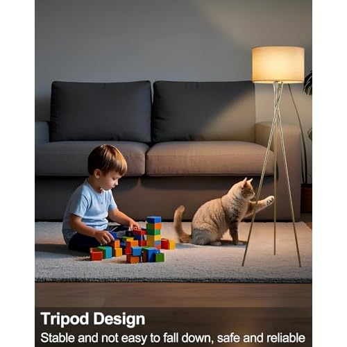 Lightdot 62IN Tripod Floor Lamps for Living Room, Modern Standing Lamp with Off-White Fabric Shade, Mid Century Industrial Standing Tall Lamp for Bedroom, Home Office-Gold