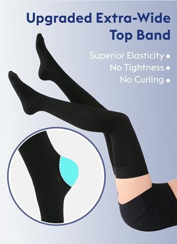 Thigh High Compression Stockings Closed Toe for Men & Women, Opaque, KEKING 15-20mmHg Graduated Compression Leg Support Hose with Silicone Band - Swelling, Varicose Veins, Edema, DVT, Black Medium