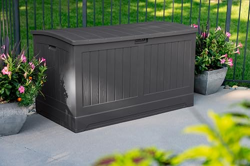 Suncast Extra Large 200 Gallon Deck Box - Resin Outdoor Storage Box for Patio Cushions, Outside Toys, Garden Tools & Pool Supplies, Weatherproof Lockable Outdoor Storage Bin, Peppercorn