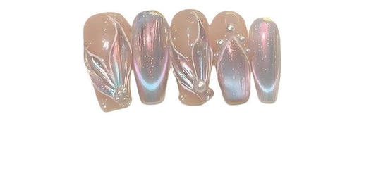 Pink Mermaid Tail Press On Nails, Medium Coffin Shape, Aurora Glitter Pearl False Nails for Special Occasions (M)