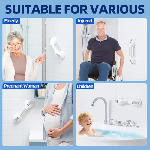 Shower Handle 2 Pack, 12 Inch Grab Bar for Bathtubs and Showers, Strong Suction Cup Safety Handrail for Seniors, Elderly, Injury Recovery, No Drilling Waterproof Bathroom Grip, Grey