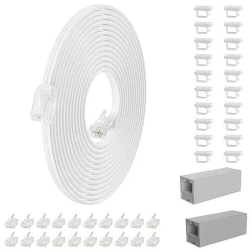 Telephone Extension Cord 350 Ft, Anti-UV Weatherproof Phone Cable Line Wire with Standard RJ11 Plug for Landline Modem Fax Machine Outdoor with Couplers&Clip Holders&Connectors -Flat-White