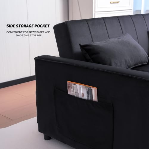 Trygoal 3 in 1 Convertible Sofa Bed, Pull Out Couch with Side Pockets, Velvet Fabric Loveseat Sleeper Sofa Bed, Pull Out Couch with Adjustable Backrest for Living Room, Bedroom, Apartment, Black