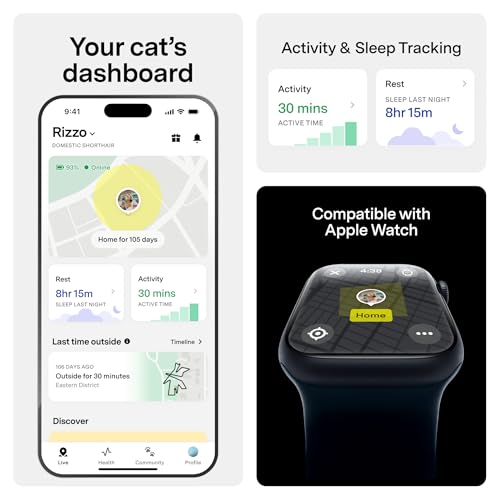 Fi Mini GPS Tracker for Cats — Lightweight Collar Attachment, Virtual Fences, Escape Alerts, Step & Health Tracking, Waterproof Cat Tracker — 12-Month Membership Included