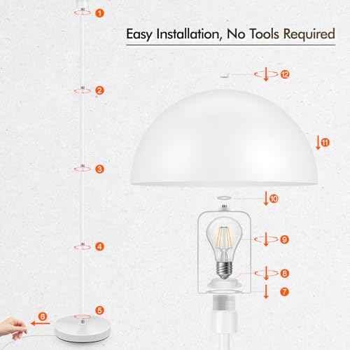 Floor Lamp, Industrial White Floor Lamps for Living Room, 65.6in Standing Lamp, Retro Mushroom Dome Shade, Whole Metal, E26 Socket, Mid Century Modern Floor Lamp for Bedroom/Office,No Bulb