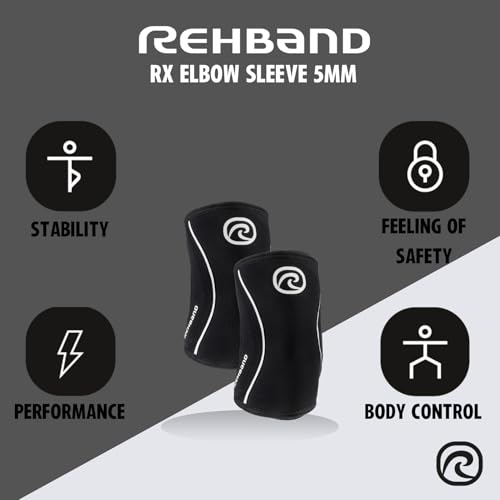 Rehband Elbow 5mm Compression Sleeve, Neoprene Elbow Sleeves for Weightlifting, Anatomical Design, Non-Slip & Close Fitting, Elbow Support Unisex, Colour:Black, Size:Small