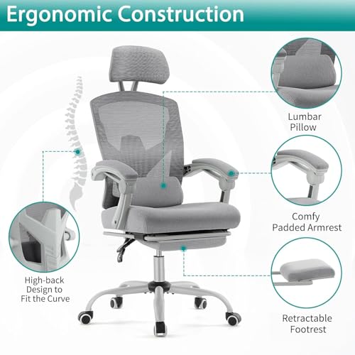 DUMOS Home Office Desk Chair with Footrest, High-Back Mesh Rolling Swivel Reclining Chairs with Wheels, Comfortable Headrest, Lumbar Support, Comfy Arms for Home, Office, Gaming, Student,Elegant Grey