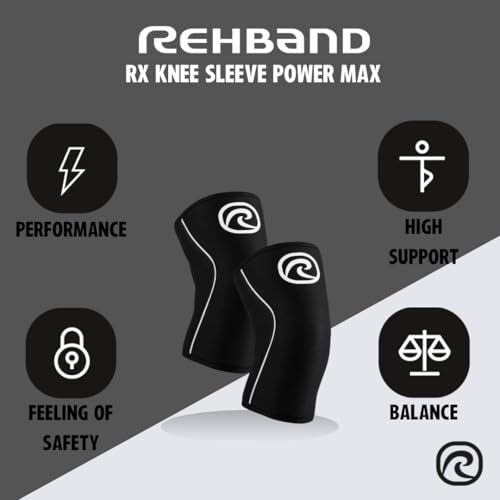 Rehband Rx Knee Sleeve Power Max, 1 piece, knee support 7mm neoprene, strongman, heavy lifting, longest knee sleeve, Colour:Black, Size:XXL