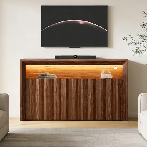 Feonase 66.2" Buffet Cabinet with Storage & Led Lights, Modern Sideboard Cabinet with 4 Doors & Shelves, Fluted Media Console Mid Century, Coffee Bar Table for Living Room Kitchen Dining Room, Walnut