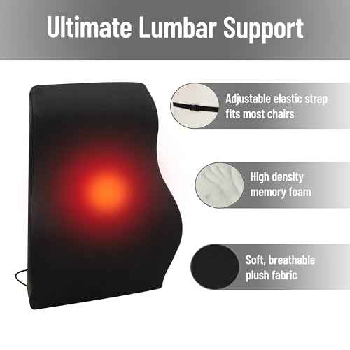 Mind Reader Heated Air-Cloud Lumbar Cushion, Ergonomic Memory Foam Back Support Pillow with Adjustable Heat Settings and Timer, Black