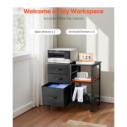 VEVOR Metal File Cabinet, Mobile Filing Cabinet with 3 Fabric Drawers and 2 Open Shelves, Wooden Vertical Filing Storage Cabinets with Wheels for Letter, A4, Legal Size File, Easy Assembly, Black