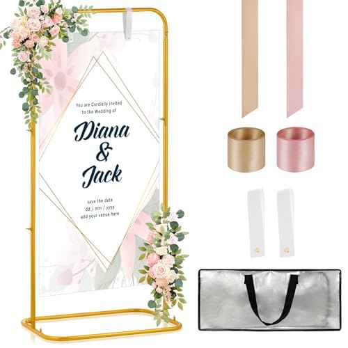 FACULX Wedding Welcome Sign Holder, Welcome To Our Wedding Sign Stand with Satin Ribbon and Bundle, Heavy Duty Easel Stand for Sign, 59x33x13.7 Metal Floor Standing Easels for Signs, Poster - Gold
