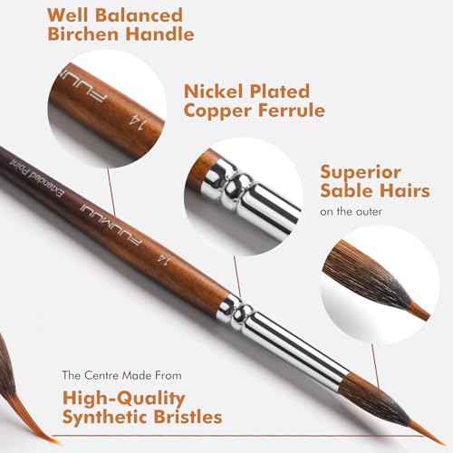 Watercolor Brushes Professional, Fuumuui 9pcs Sable Paint Brushes & Natural Squirrel Mop Brush Set with Extended Needle, Round Point, Flat, Dagger, Quill Wash for Watercolor Gouache Inks