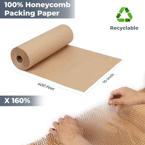 Honeycomb Packing Paper Wrap 15''x400', Substitute Alternative for Bubble Cushioning Wrap for Moving Shipping Packaging, Recyclable Moving Supplies with 36 Fragile Sticker Labels