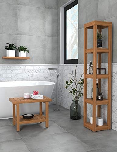 The Original 24" Spa Teak Shower Bench with Shelf & AquaTeak Two-Step Care Kit